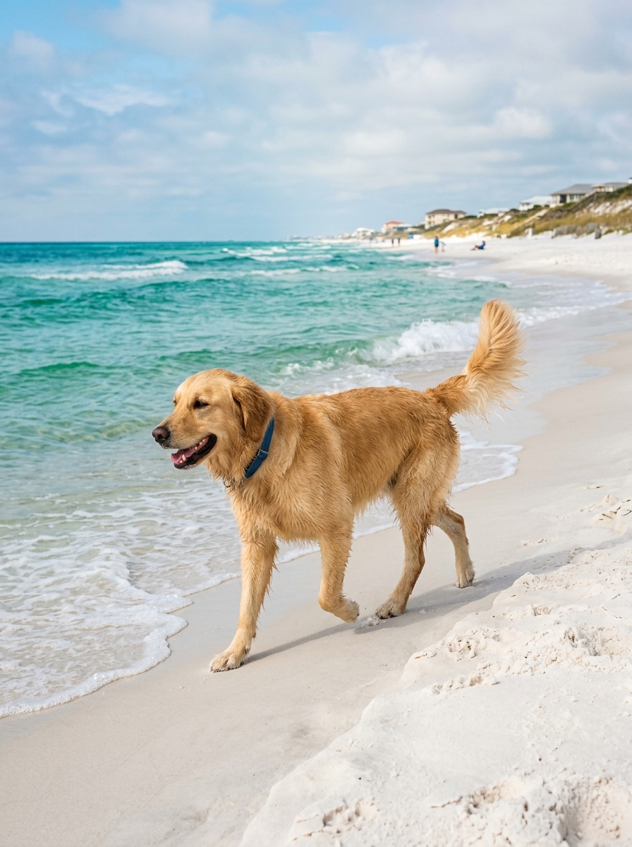 Happy dog walking on 30A Emerald Coast white sand beach